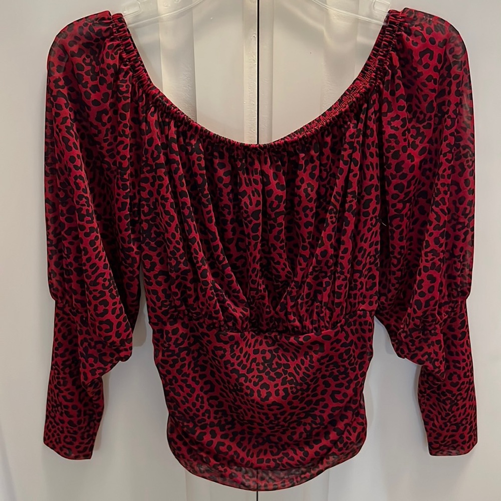 Express Rust Red Black Leopard Print Mesh Off the Shoulder Top XS